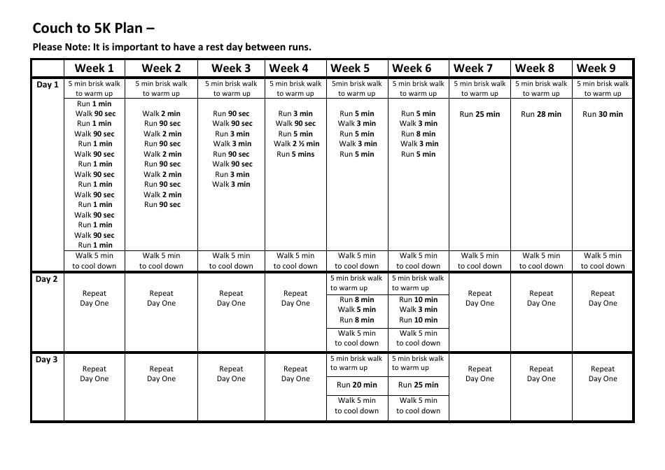 Running Schedule Template Couch To 5k Plan Download Printable PDF 