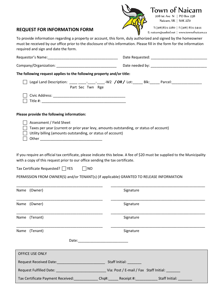 Request for Information Form - Town of Naicam, Saskatchewan, Canada, Page 1