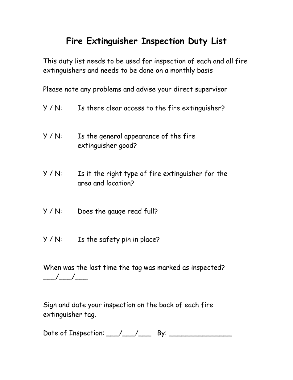 Fire Extinguisher Inspection Duty List Template - Preview Image