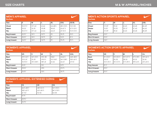 Document preview: M & W Apparel Size Chart in Inches - Nike