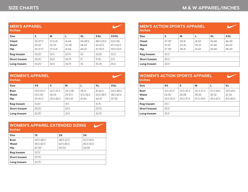 Nike M & W Apparel Size Chart (in Inches)