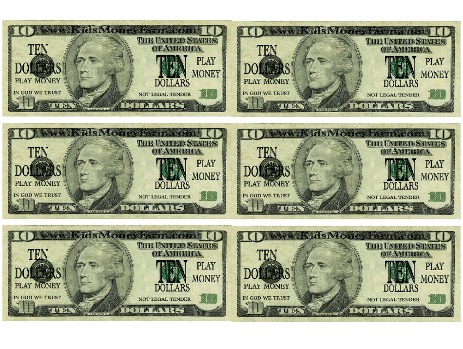 Ten Dollar Bill Play Money Template Download Printable PDF | Templateroller