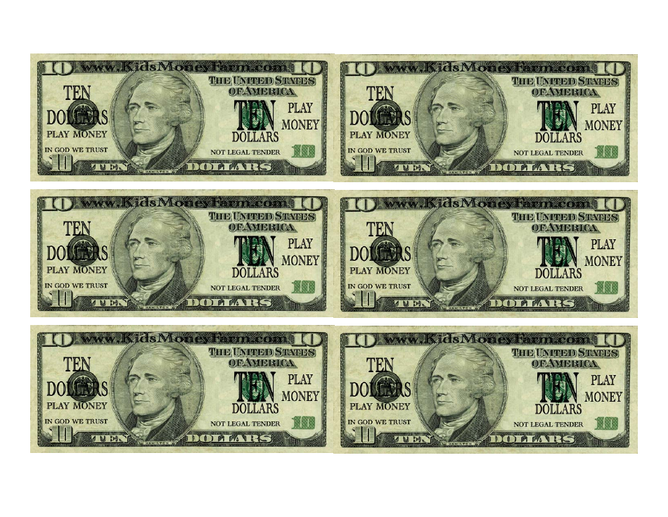 Ten Dollar Bill Play Money Template
