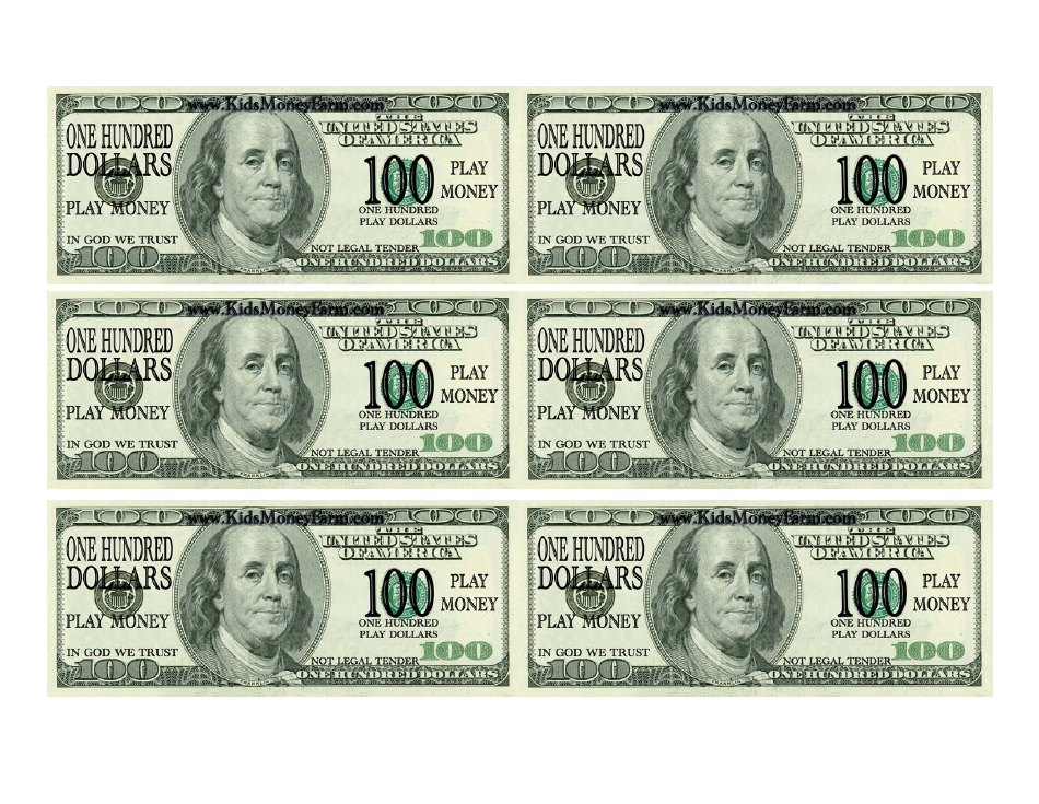 One Hundred Dollar Bill Play Money Template Download Printable PDF