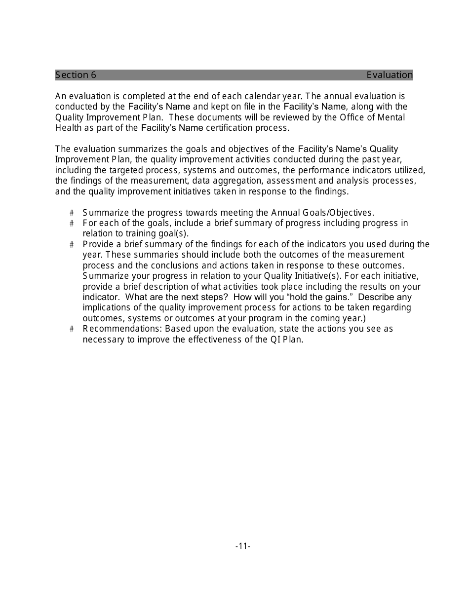 Quality Improvement Plan Template for a Small Facility, Page 11