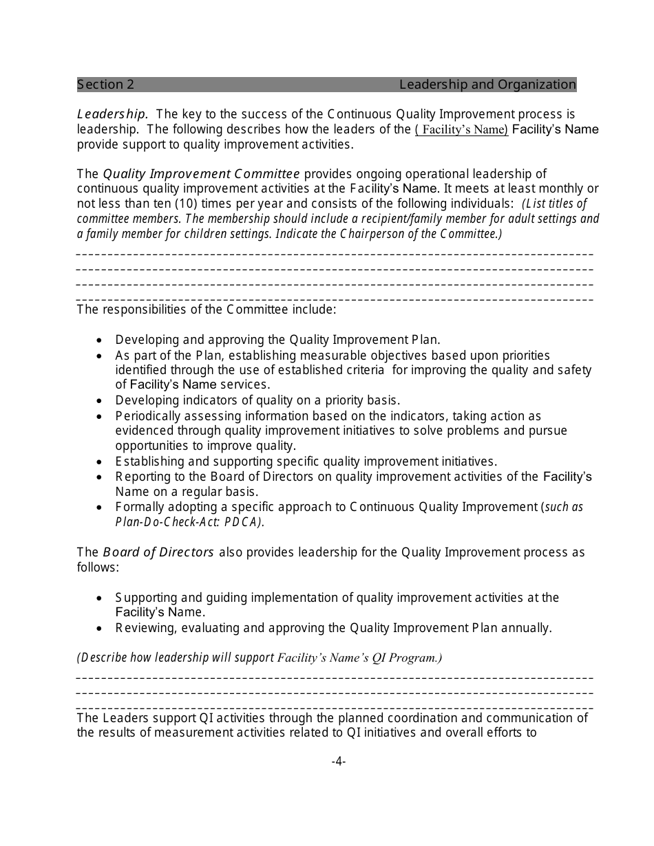 Quality Improvement Plan Template for a Small Facility, Page 4