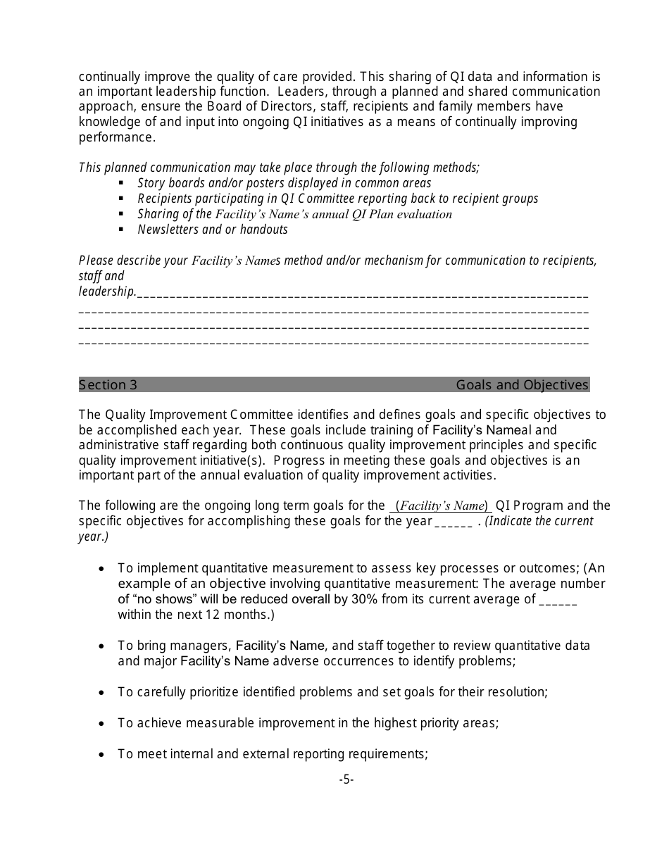Quality Improvement Plan Template for a Small Facility, Page 5