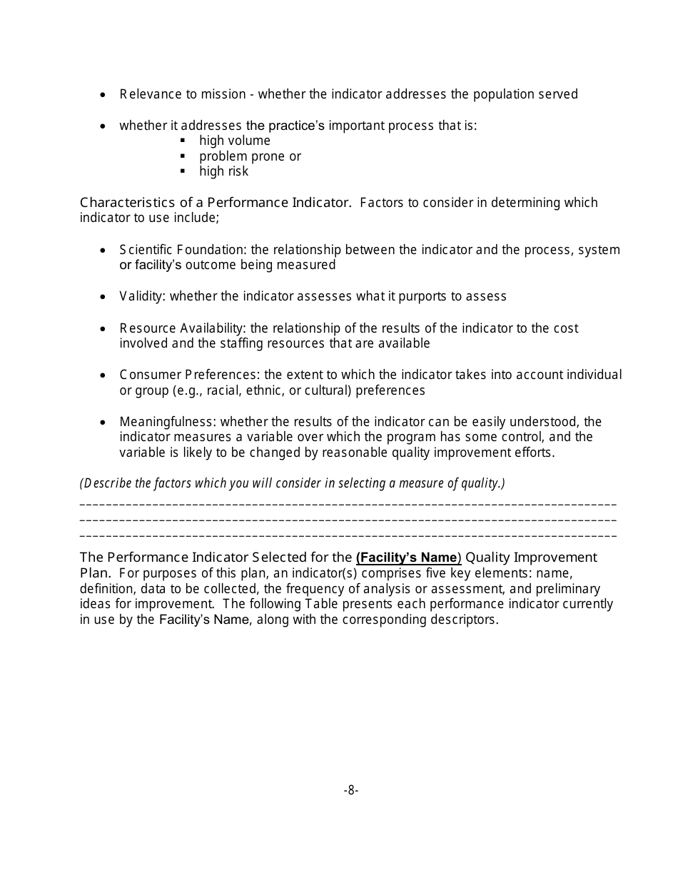 Quality Improvement Plan Template for a Small Facility, Page 8