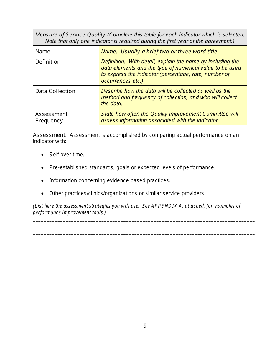 Quality Improvement Plan Template for a Small Facility, Page 9