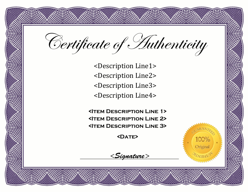 Certificate of Authenticity Template - Violet - A professionally-designed certificate template in violet color scheme for establishing the authenticity of valuable items like artwork, collectibles, artifacts, or unique souvenirs.
