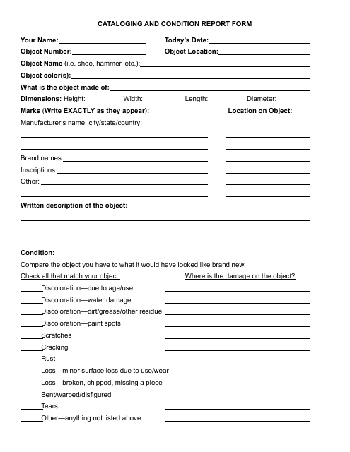 Cataloging and Condition Report Form Download Pdf
