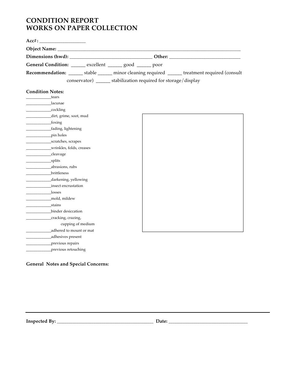 Condition Report Template - Works on Paper Collection, Page 1