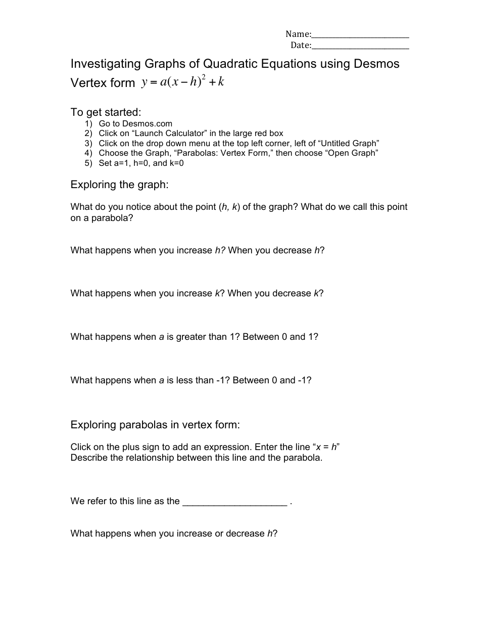 Investigating Graphs of Quadratic Equations Using Desmos Worksheet (Vertex Form), Page 1