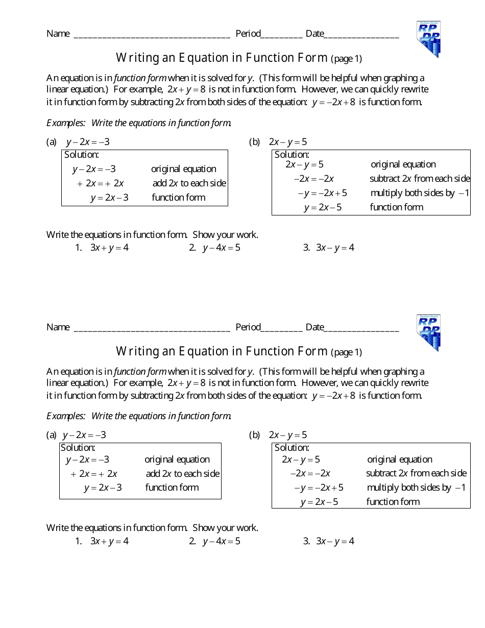 Writing an Equation in Function Form Worksheet - Southern Nevada Inside Hands On Equations Worksheet