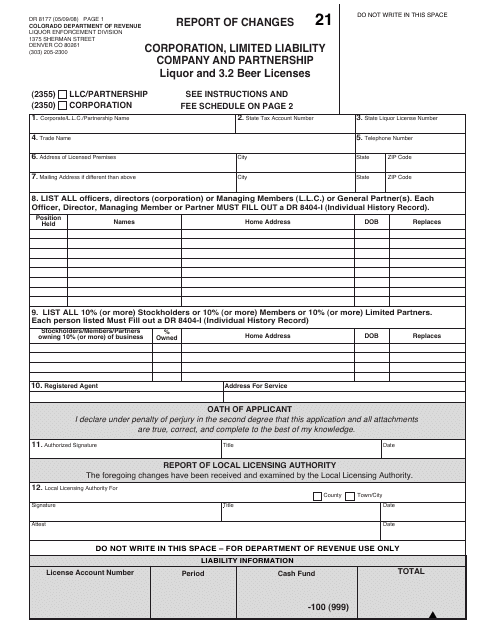 Form DR8177 Report of Changes - Corporation, Limited Liability Company and Partnership Liquor and 3.2 Beer Licenses - Colorado