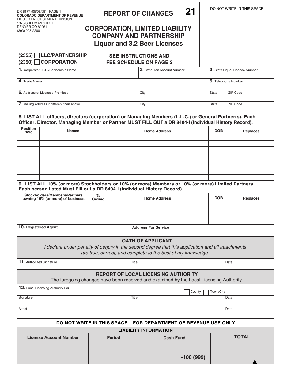 Form DR8177 Report of Changes - Corporation, Limited Liability Company and Partnership Liquor and 3.2 Beer Licenses - Colorado, Page 1