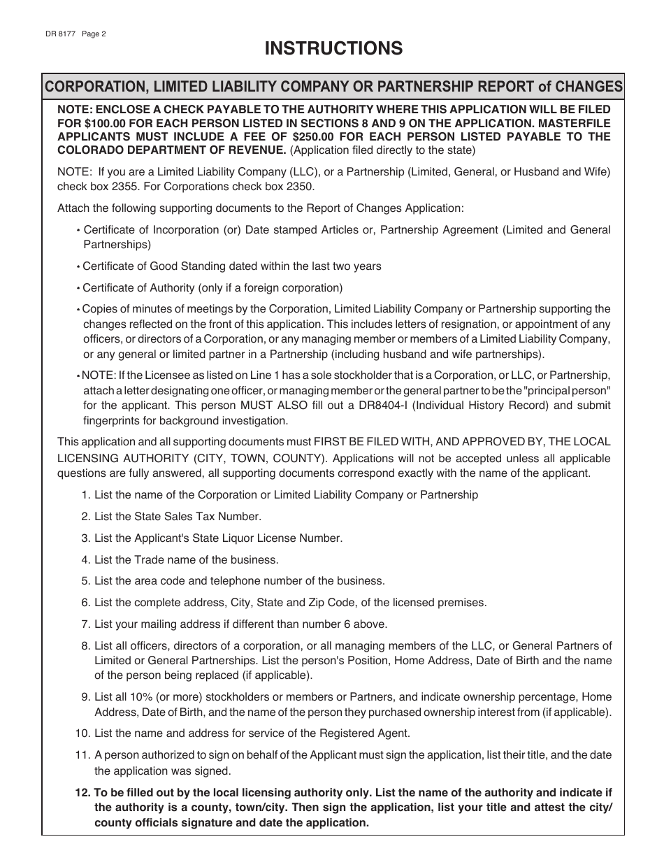 Form DR8177 Report of Changes - Corporation, Limited Liability Company and Partnership Liquor and 3.2 Beer Licenses - Colorado, Page 2