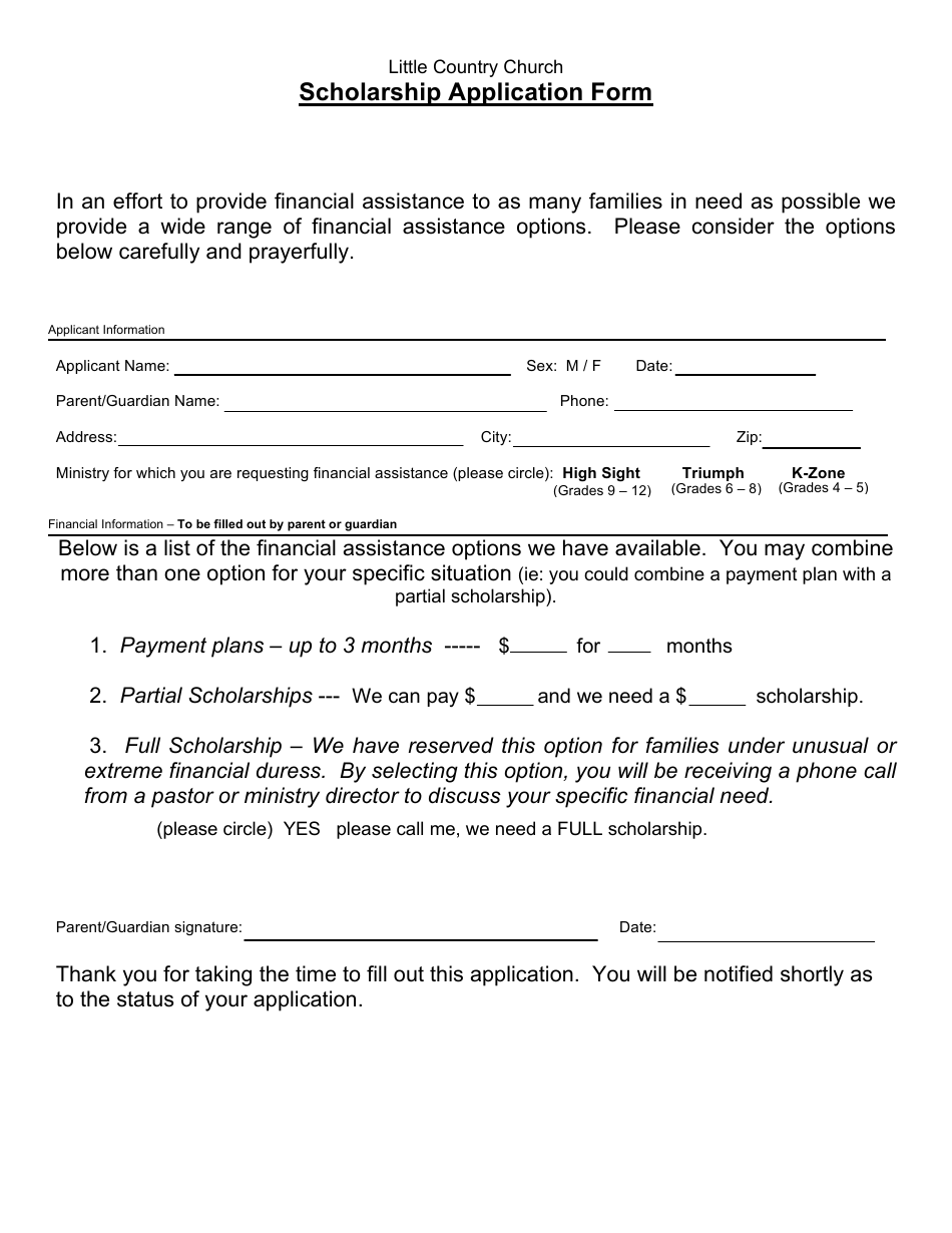 Scholarship Application Form - Little Country Church, Page 1