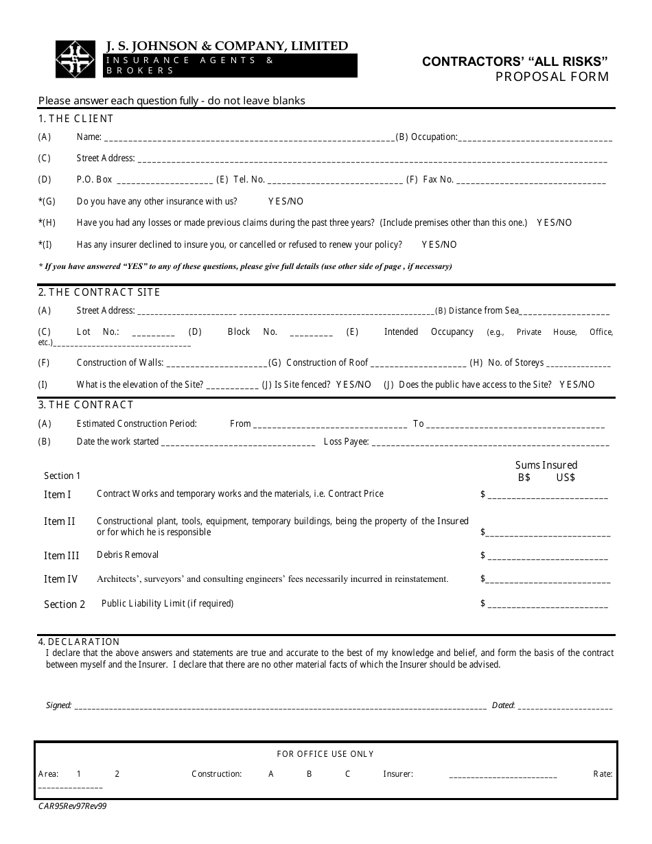 Contractors all Risks Proposal Form - J. S. Johnson  Company, Limited, Page 1