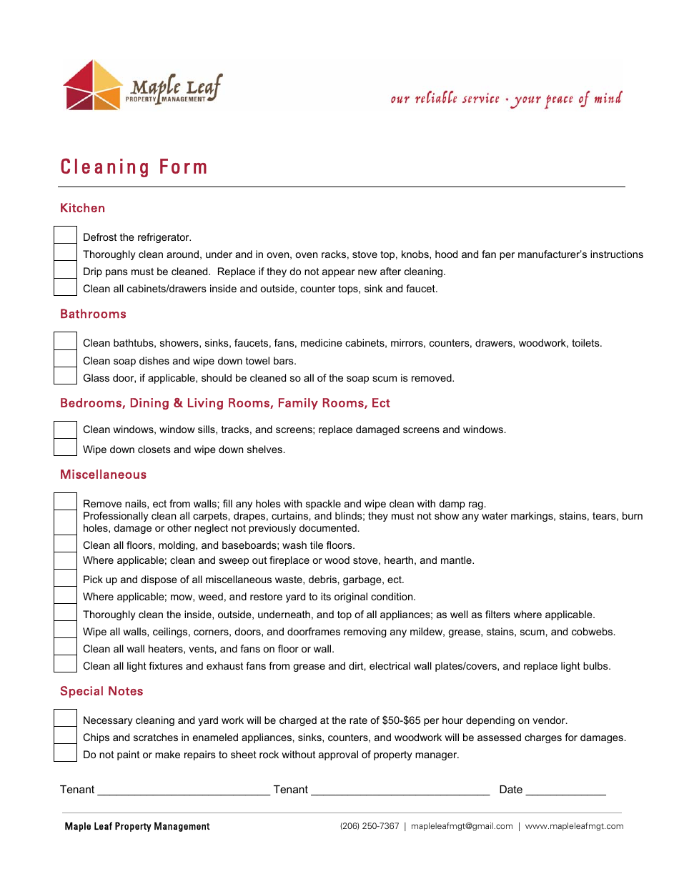 Cleaning Form - Maple Leaf, Page 1