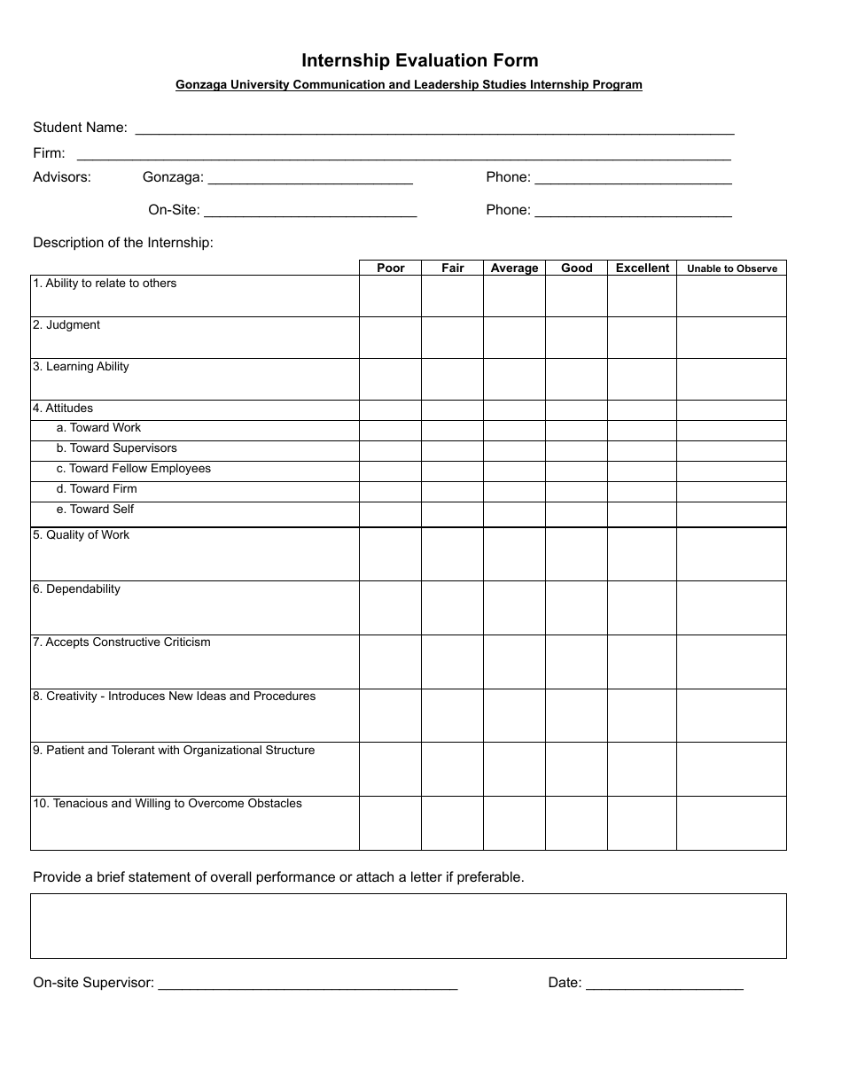 Internship Evaluation Form Gonzaga University Communication and