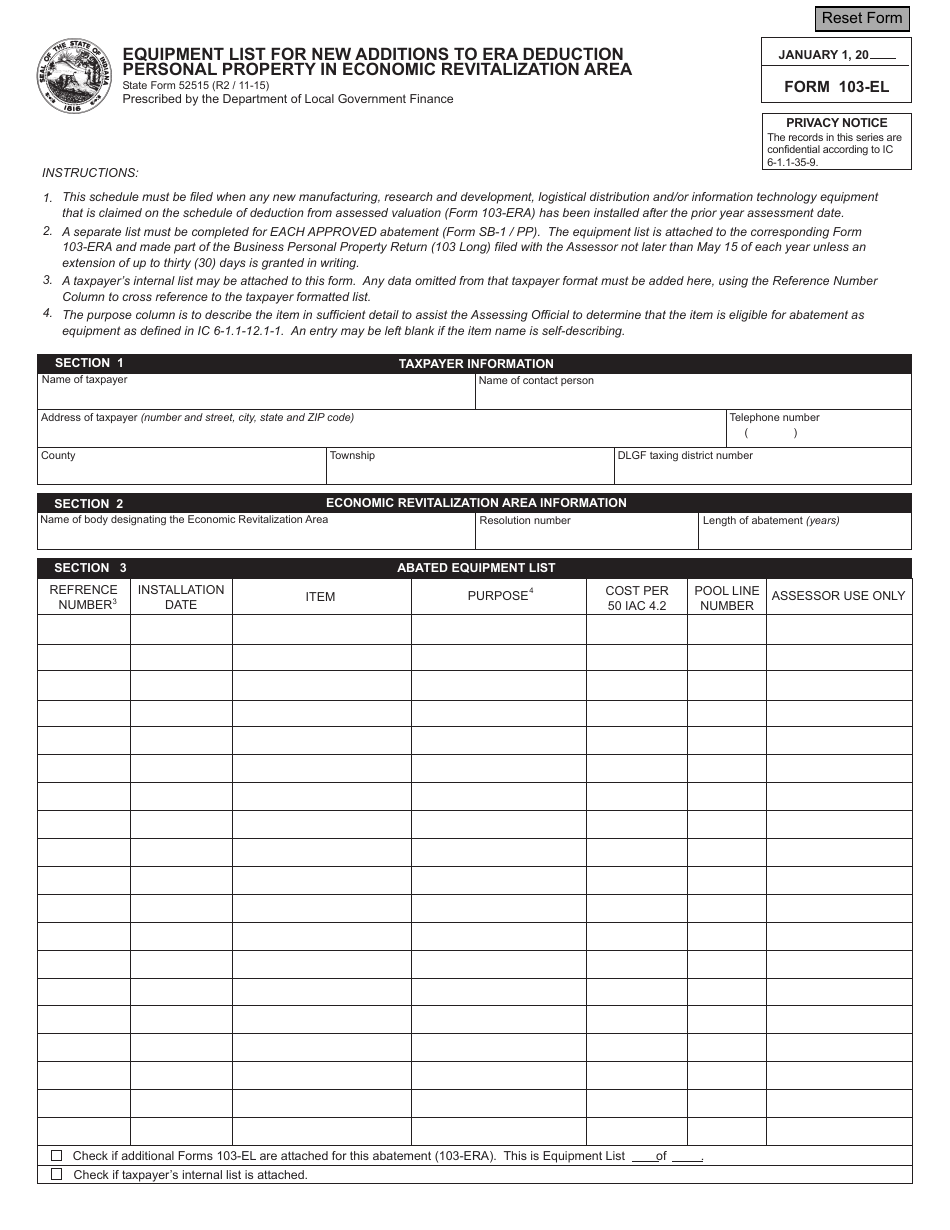 Form 103-EL (State Form 52515) Equipment List for New Additions to Era Deduction Personal Property in Economic Revitalization Area - Indiana, Page 1