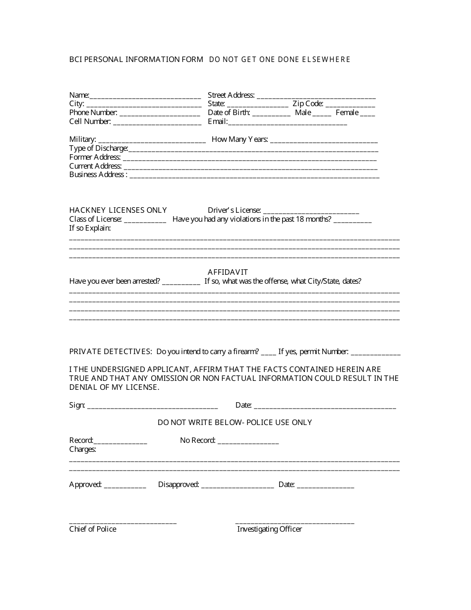 Bci Personal Information Form, Page 1