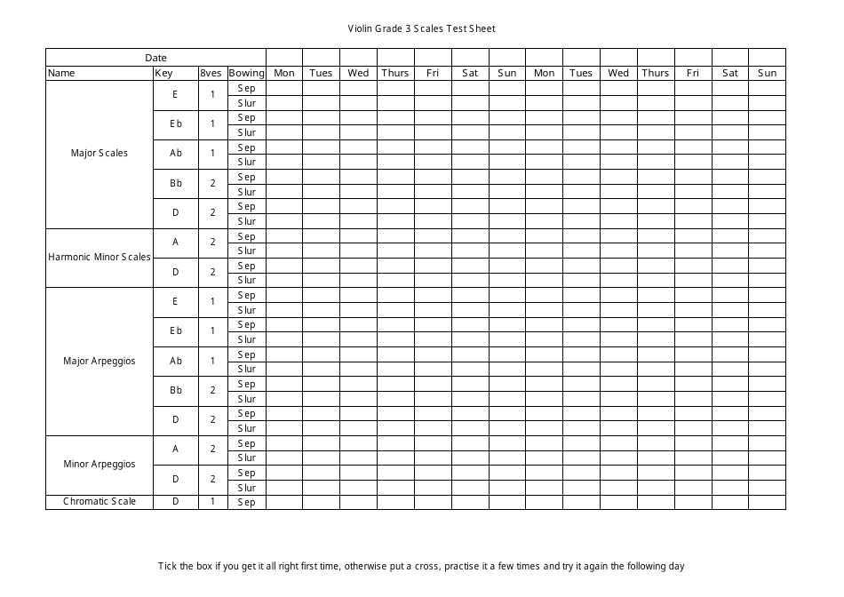 Violin Grade 3 Scales Test Sheet Template Preview