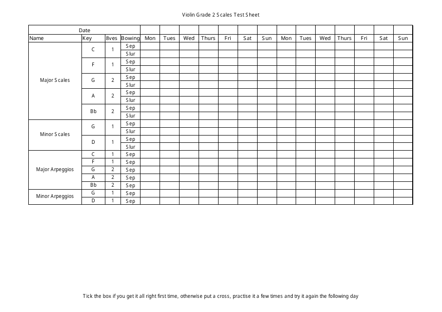 Violin Grade 2 Scales Test Sheet Template