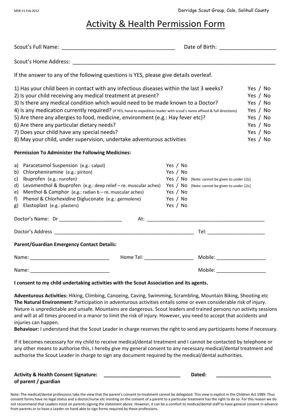 Activity  Health Permission Form - Dorridge Scout Group - West Midlands, United Kingdom, Page 1