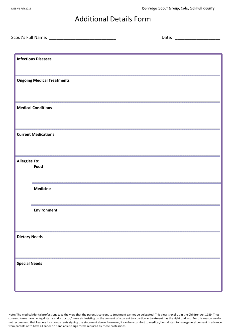 Activity  Health Permission Form - Dorridge Scout Group - West Midlands, United Kingdom, Page 2