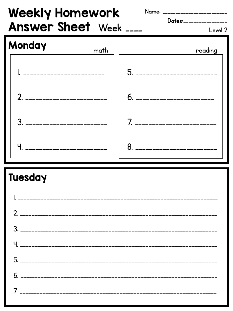 Weekly Homework Answer Sheet Template, Page 1