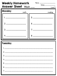 &quot;Level 3 Weekly Homework Answer Sheet Template&quot;