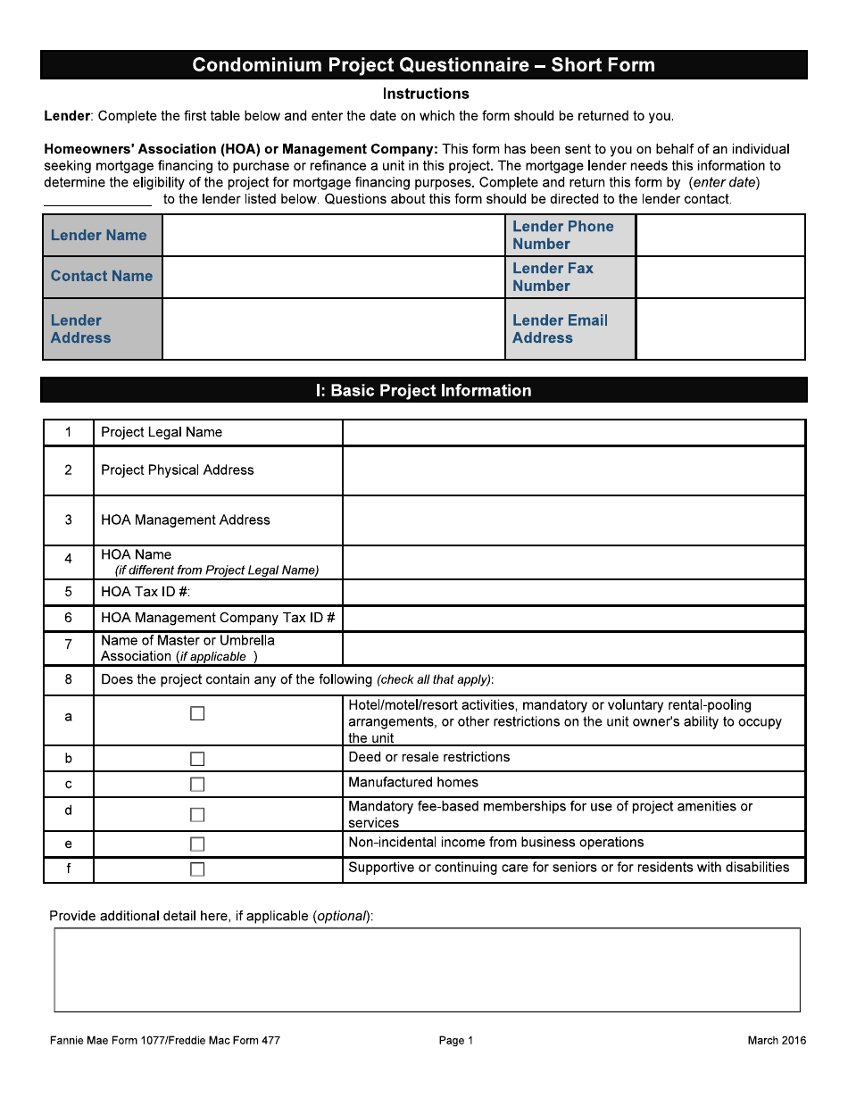 Freddie Mac Form 477 (Fannie Mae Form 1077) Condominium Project Questionnaire - Short Form, Page 1
