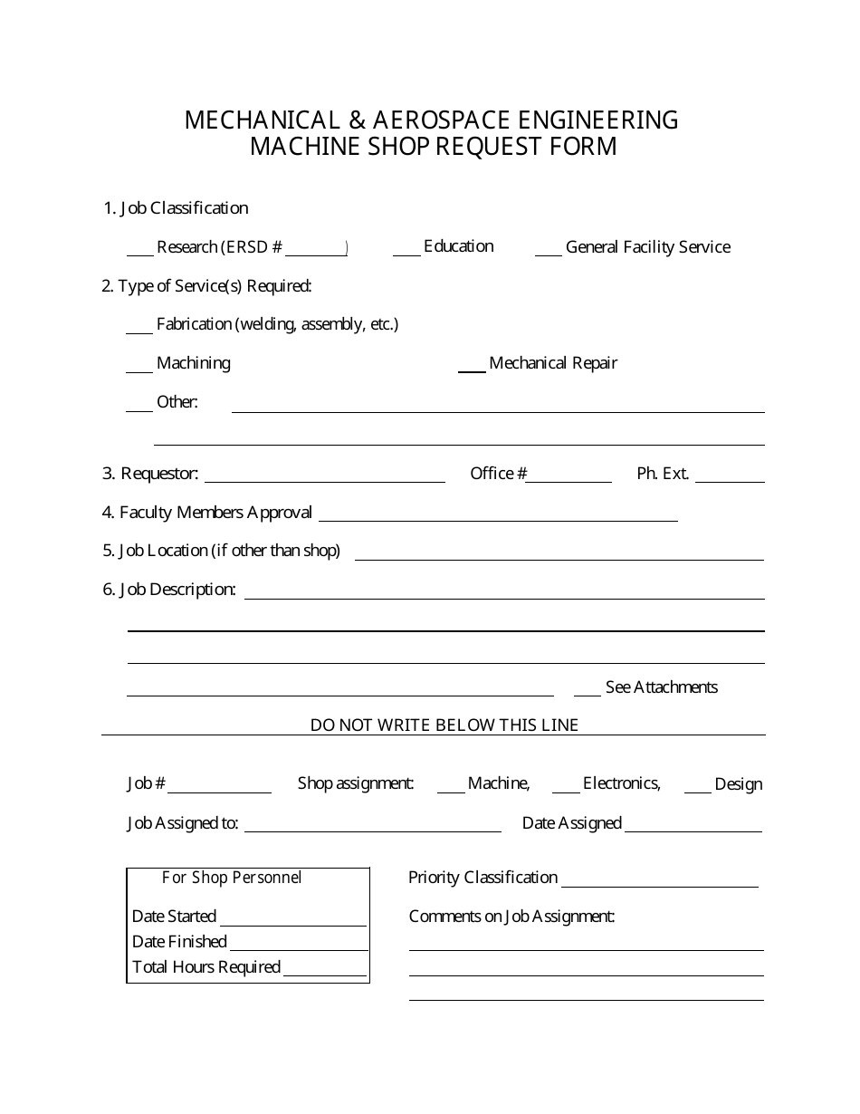 Mechanical  Aerospace Engineering Machine Shop Request Form, Page 1