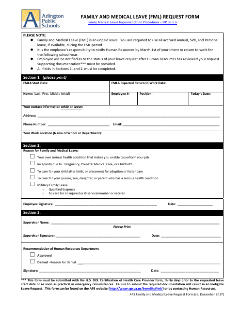 Family and Medical Leave (Fml) Request Form - Arlington Public Schools