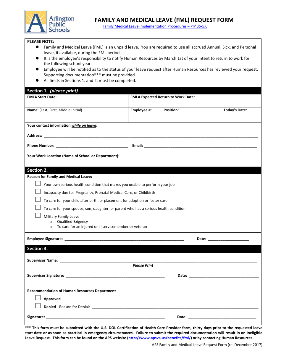 Family and Medical Leave (Fml) Request Form - Arlington Public Schools, Page 1