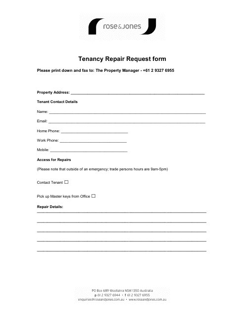 Tenancy Repair Request Form - Rose and Jones Download Pdf