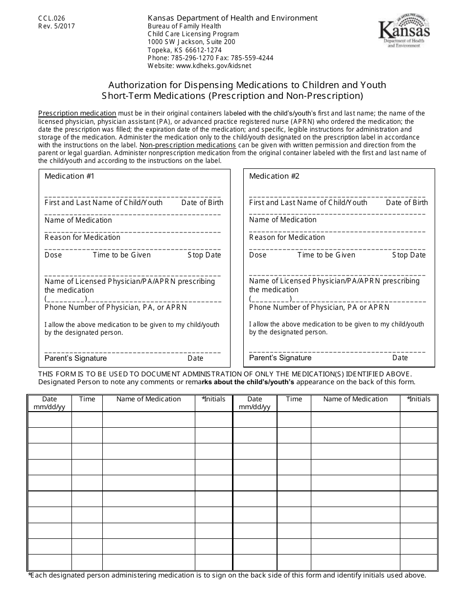 Form CCL.026 Authorization for Dispensing Medications to Children and Youth Short-Term Medications (Prescription and Non-prescription) - Kansas, Page 1