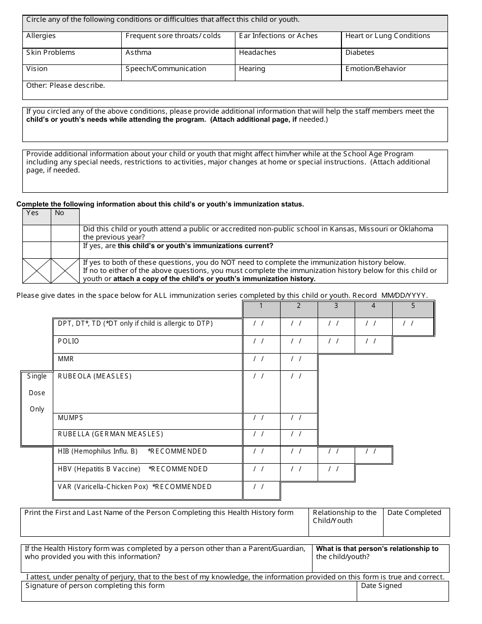 Form CCL.358 Health History for Children and Youth Attending School Age Programs - Kansas, Page 2