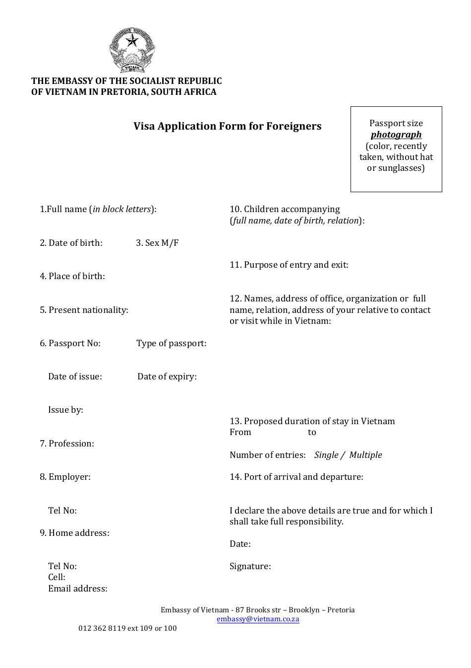 Vietnamese Visa Application Form for Foreigners - the Embassy of the Socialist Republic of Vietnam - Pretoria, Gauteng, South Africa, Page 1