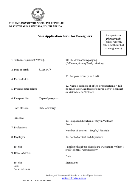 Vietnamese Visa Application Form for Foreigners - the Embassy of the Socialist Republic of Vietnam - Pretoria, Gauteng, South Africa Download Pdf