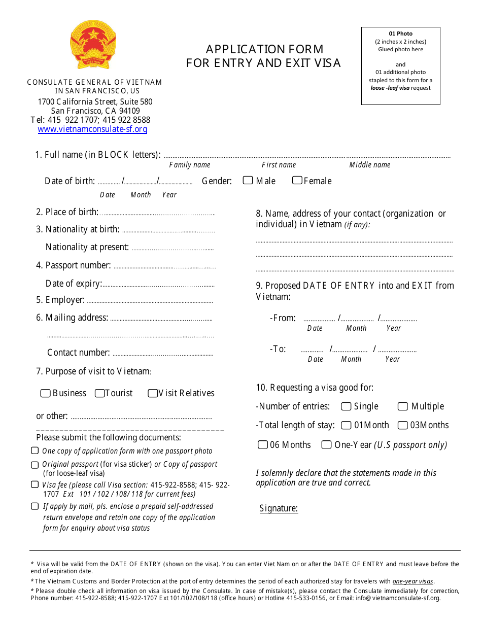 San Francisco California Vietnamese Visa Application Form For Entry And Exit Visa Consulate