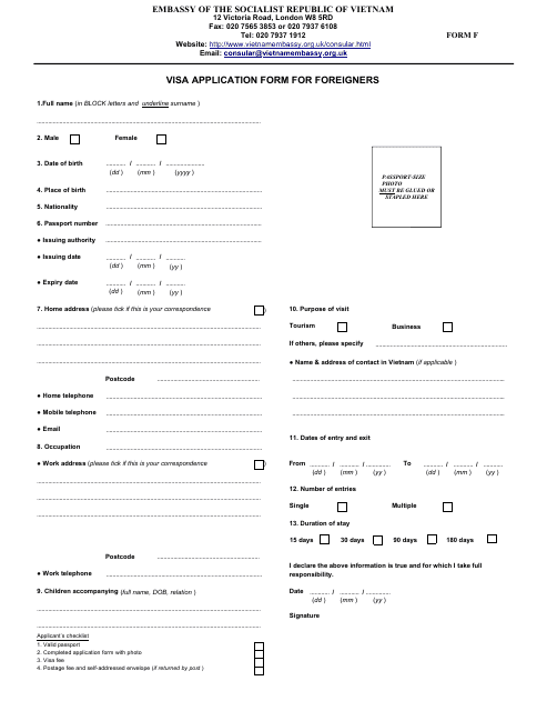 Form F Vietnamese Visa Application Form for Foreigners - Embassy of the Socialist Republic of Vietnam - Greater London, United Kingdom