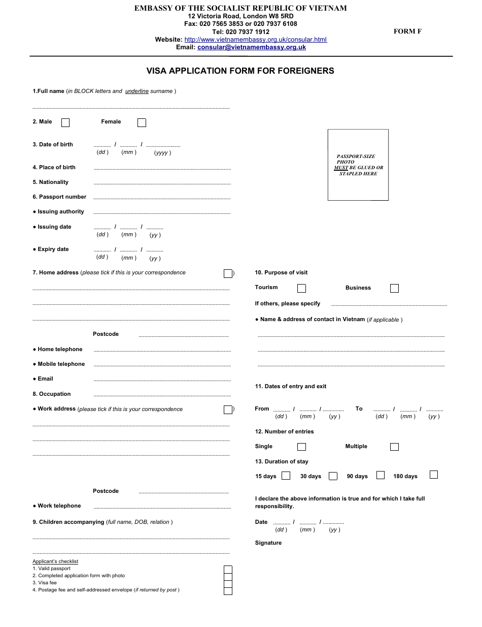 Form F Vietnamese Visa Application Form for Foreigners - Embassy of the Socialist Republic of Vietnam - Greater London, United Kingdom, Page 1