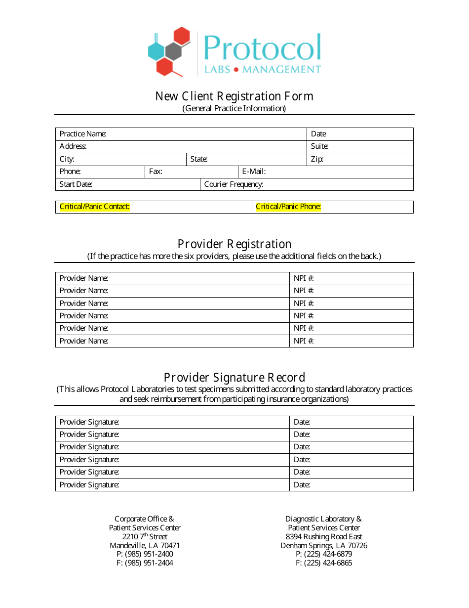 New Client Registration Form - Protocol, Page 1