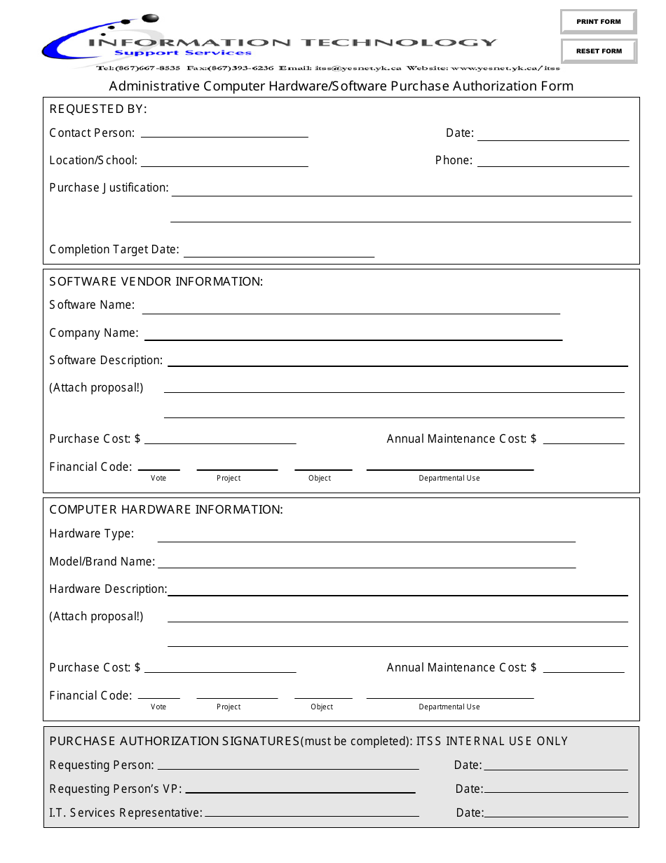 Administrative Computer Hardware / Software Purchase Authorization Form - Information Technology, Page 1