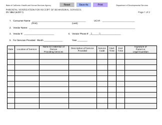 Document preview: Form DS5862 Parental Verification for Receipt of Behavioral Services - California