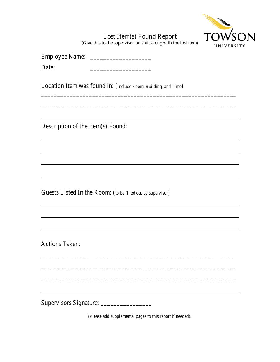 Lost Item(S) Found Report Template - Towson University, Page 1