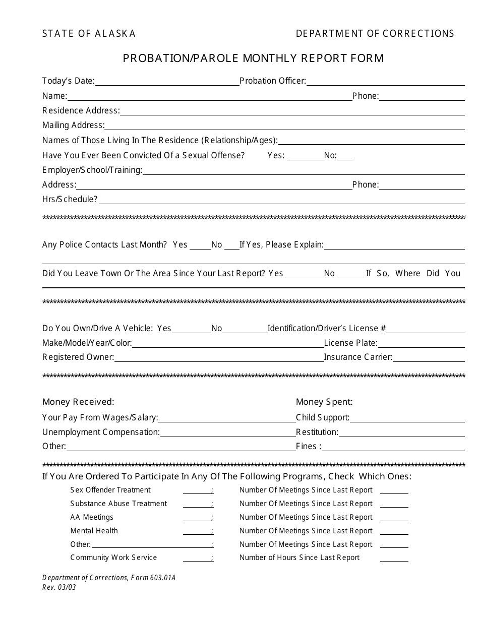 Form 603.01A Probation / Parole Monthly Report Form - Alaska, Page 1